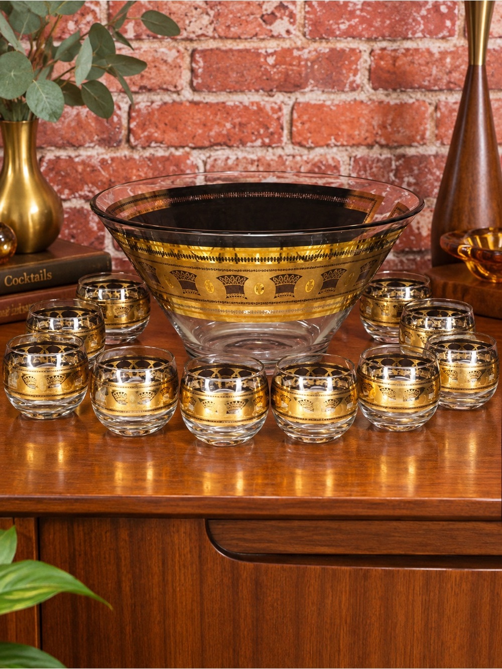 Vintage MCM Culver 13 Piece 22 K Gold Wheat Pattern Art Deco Punch Bowl Set